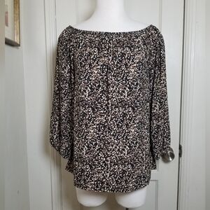 ANNE KLEIN brown tan speckled off shoulder 3/4 sleeve boho peasant blouse M